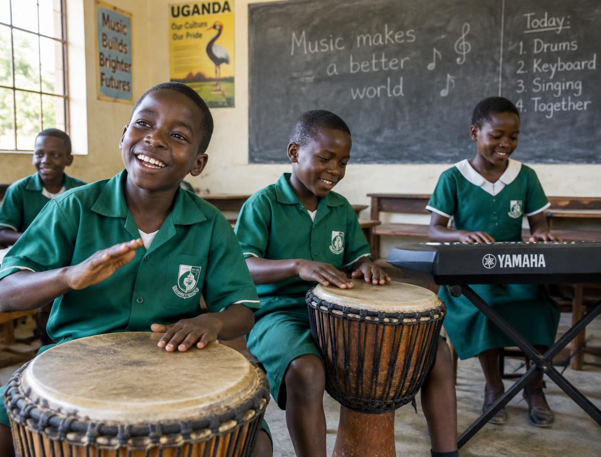 Learners playing drums and keyboard